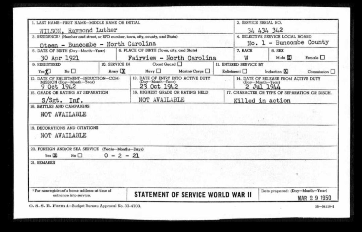 Raymond Wilson's Statement of Service
