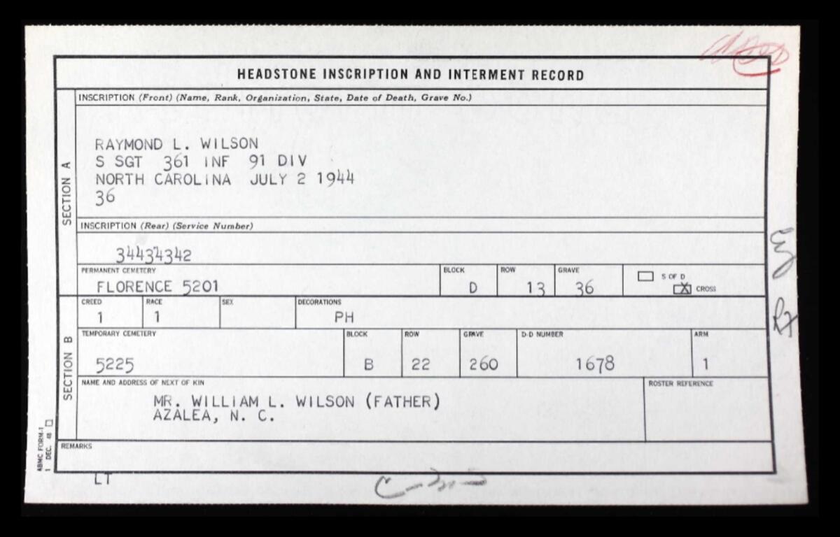 Raymond Wilson's burial information