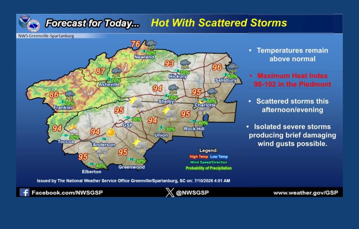 Weather forecast map for Greenville-Spartanburg area showing temperatures, precipitation and storm icons across counties (Asheville, Shelby, Charlotte).