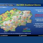 Weather forecast map for Greenville-Spartanburg area showing temperatures, precipitation and storm icons across counties (Asheville, Shelby, Charlotte).
