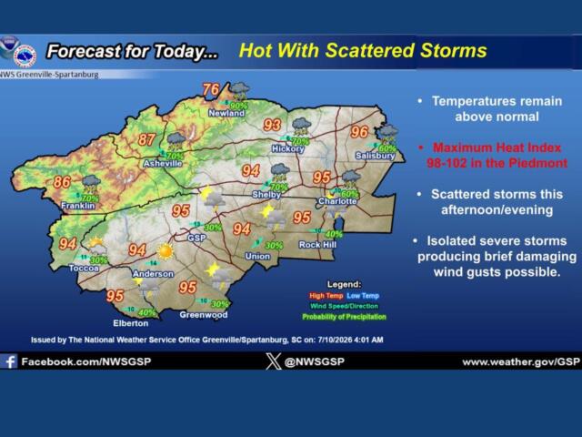 Weather forecast map for Greenville-Spartanburg area showing temperatures, precipitation and storm icons across counties (Asheville, Shelby, Charlotte).