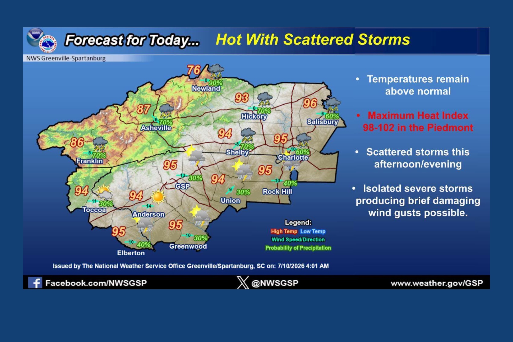 Weather forecast map for Greenville-Spartanburg area showing temperatures, precipitation and storm icons across counties (Asheville, Shelby, Charlotte).