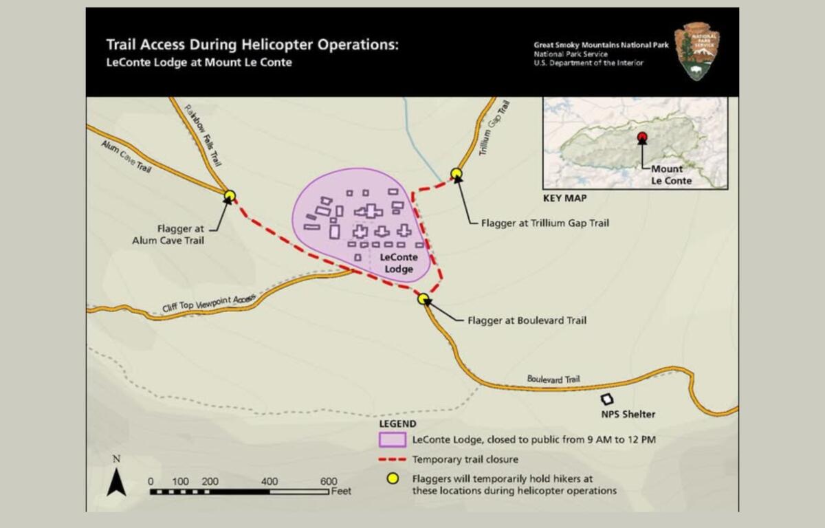 This map shows the area around LeConte Lodge on Mount Le Conte, where demolition of the recreation building and helicopter airlift operations are scheduled for July 14.