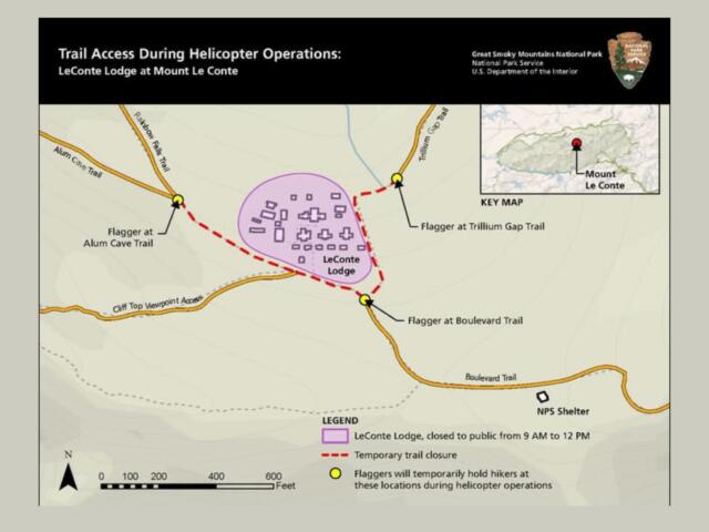 This map shows the area around LeConte Lodge on Mount Le Conte, where demolition of the recreation building and helicopter airlift operations are scheduled for July 14.