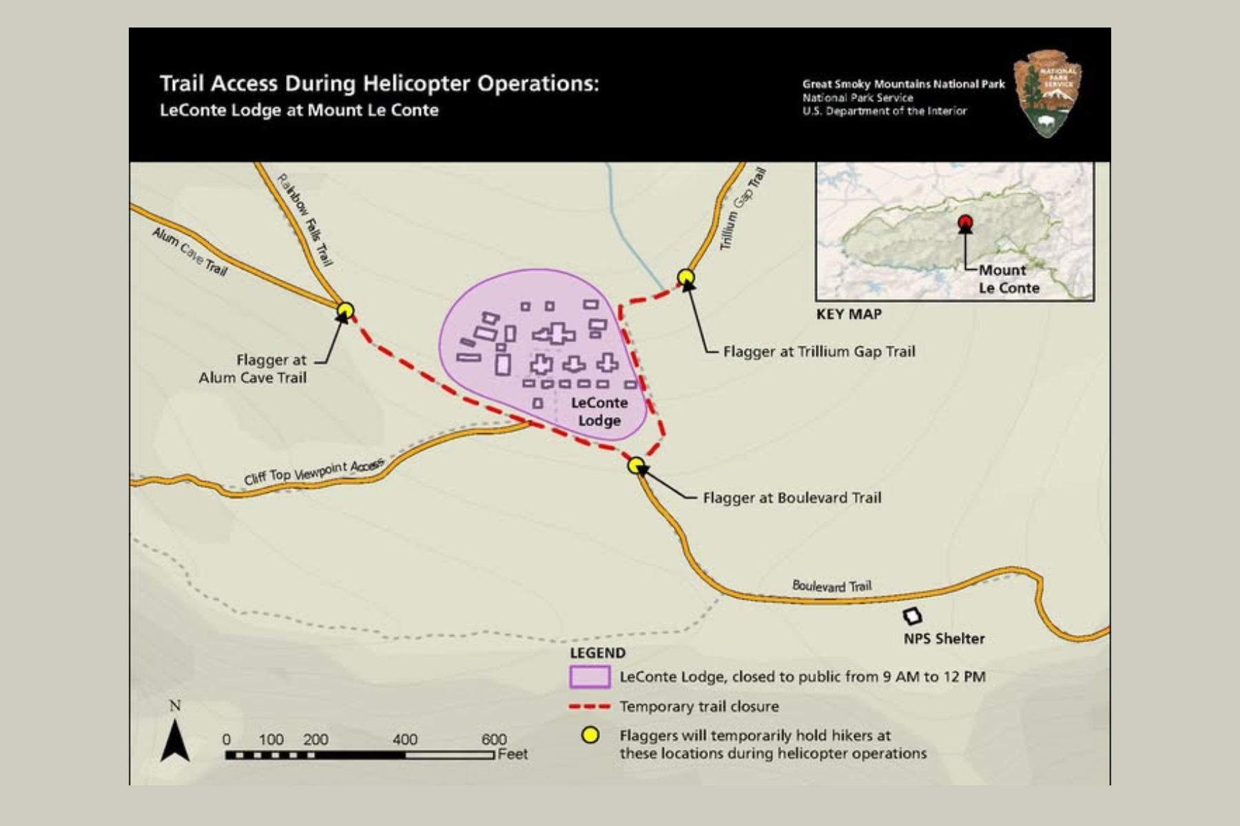 This map shows the area around LeConte Lodge on Mount Le Conte, where demolition of the recreation building and helicopter airlift operations are scheduled for July 14.
