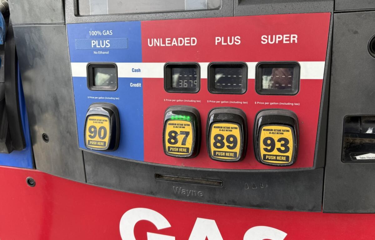 Gas pump panel showing octane options: 87, 89, 93 (and blue 'Plus' 90), with price per gallon around $3.67–$3.69 per gallon