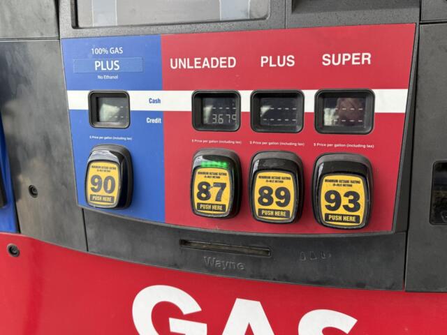Gas pump panel showing octane options: 87, 89, 93 (and blue 'Plus' 90), with price per gallon around $3.67–$3.69 per gallon