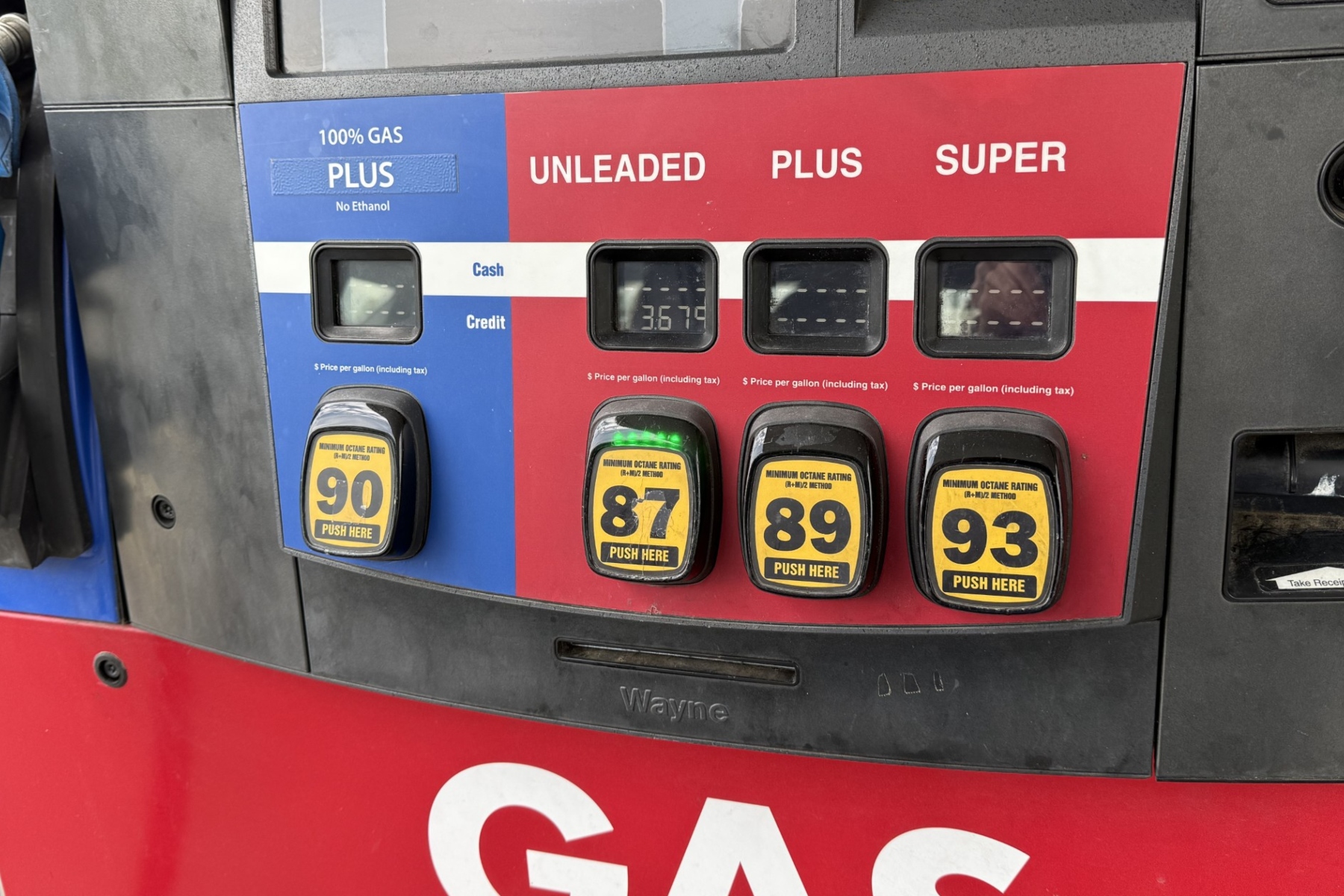 Gas pump panel showing octane options: 87, 89, 93 (and blue 'Plus' 90), with price per gallon around $3.67–$3.69 per gallon