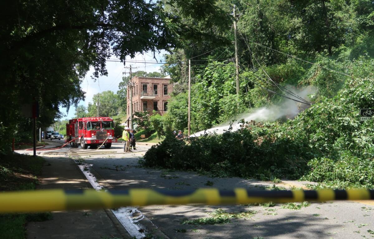Firefighters spray water on a fallen tree blocking a residential street, with a red fire truck and a brick building in the background.