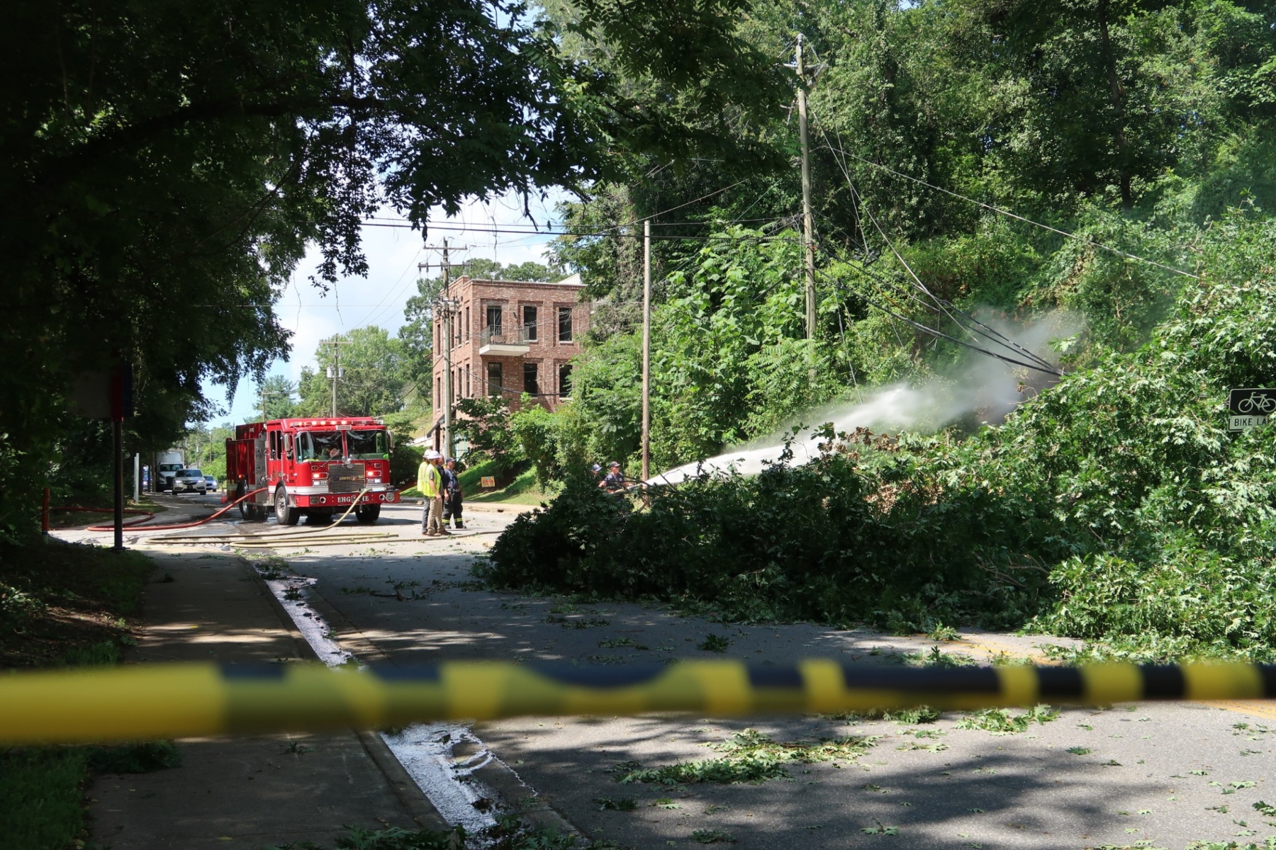 Firefighters spray water on a fallen tree blocking a residential street, with a red fire truck and a brick building in the background.