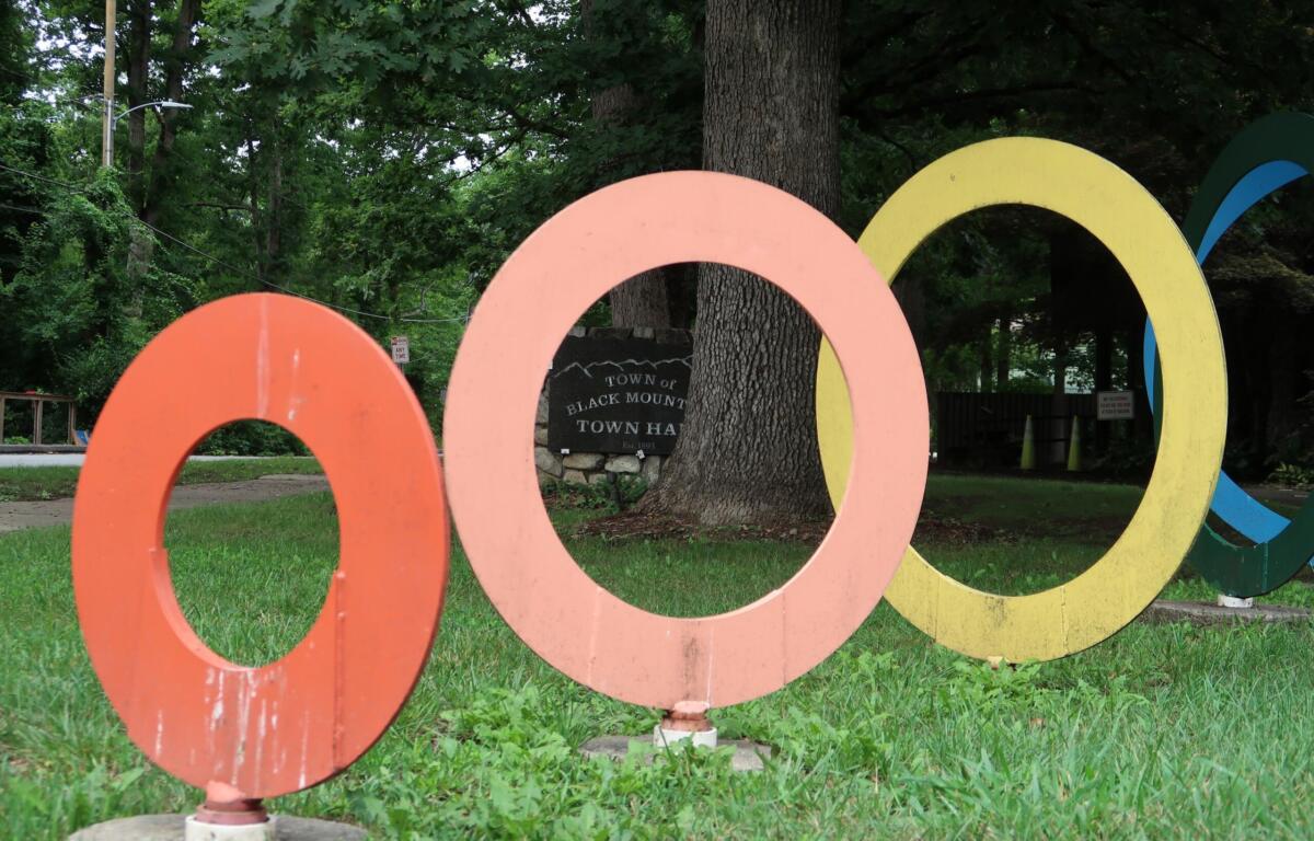 Colorful overlapping circular rings sculpture in a green park with trees in the background.