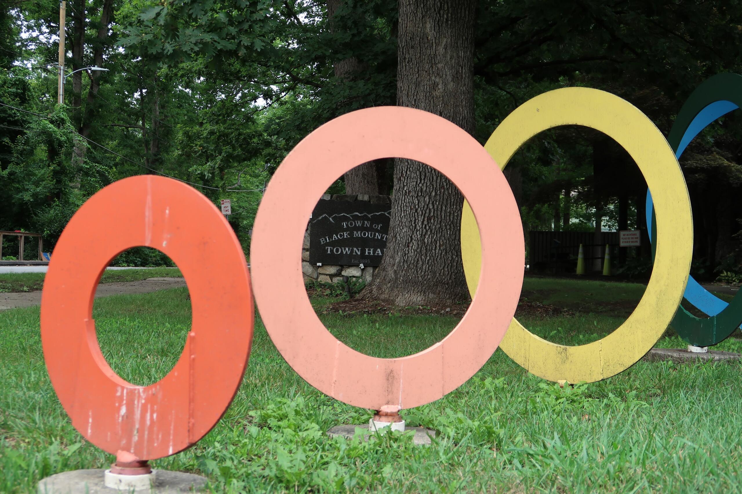 Colorful overlapping circular rings sculpture in a green park with trees in the background.