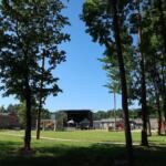 Open grassy park with tall leafy trees and a clear blue sky; a large stage and event tents are visible in the background.