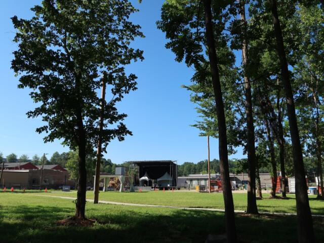 Open grassy park with tall leafy trees and a clear blue sky; a large stage and event tents are visible in the background.