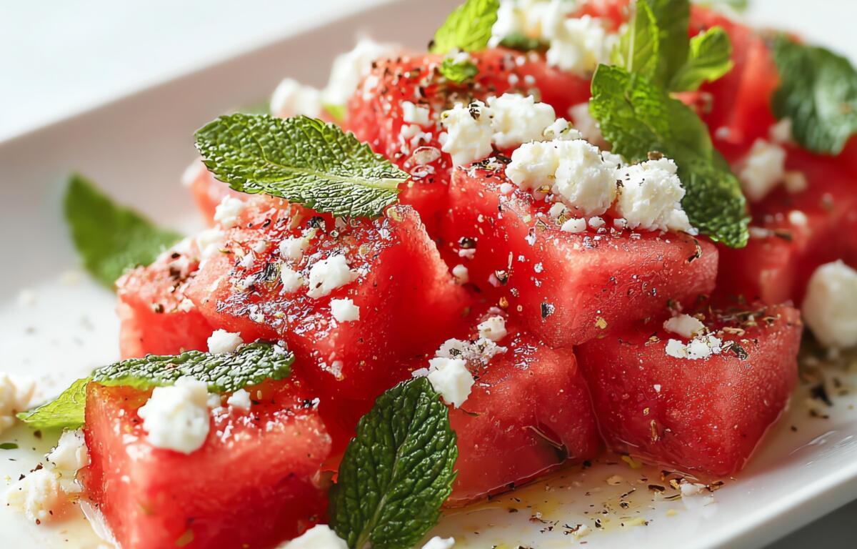Sliced watermelon topped with crumbled feta, fresh mint, and cracked pepper on a white plate.