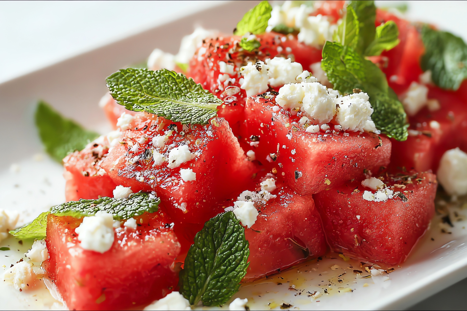 Sliced watermelon topped with crumbled feta, fresh mint, and cracked pepper on a white plate.