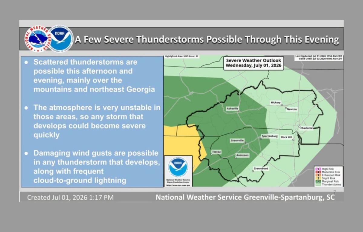 National Weather Service graphic: headline announces a few severe thunderstorms possible this evening with a map and bullet points about risks.