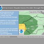 National Weather Service graphic: headline announces a few severe thunderstorms possible this evening with a map and bullet points about risks.