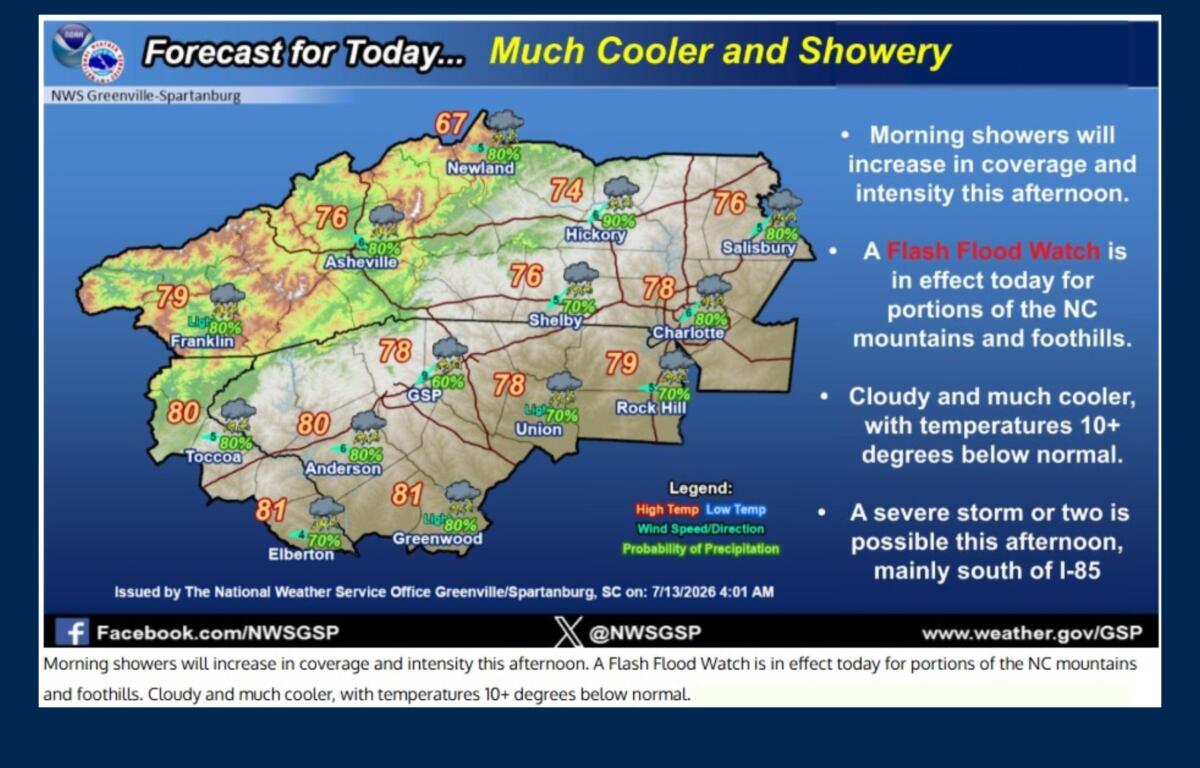 Weather forecast map for western North Carolina showing temperatures, showers, and weather icons; NWS Greenville-Spartanburg issued.