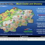 Weather forecast map for western North Carolina showing temperatures, showers, and weather icons; NWS Greenville-Spartanburg issued.