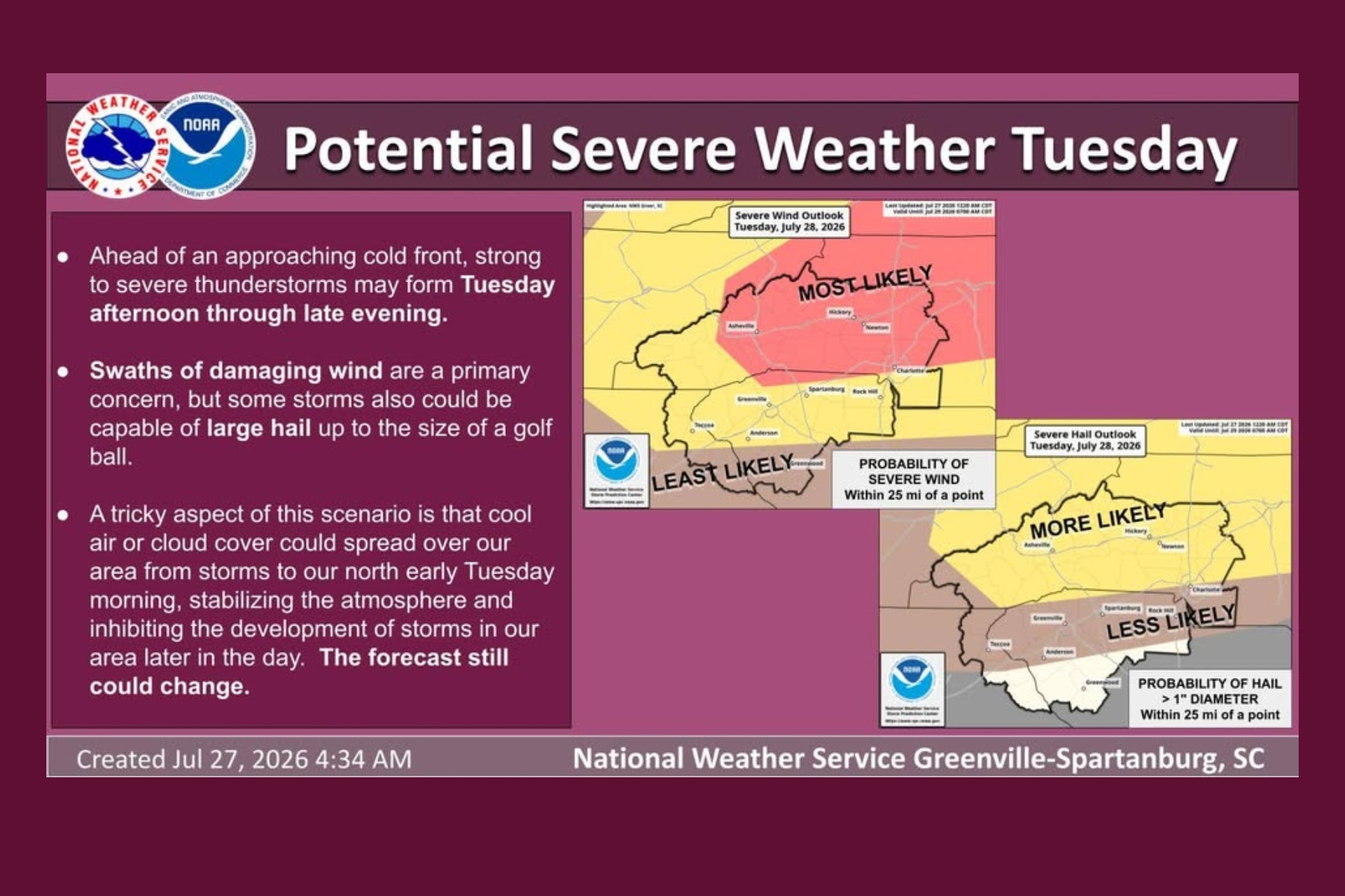 Poster-style weather briefing: 'Potential Severe Weather Tuesday' with a purple left panel of bullet points and a map showing 'Most Likely' severe wind/hail areas from the National Weather Service.