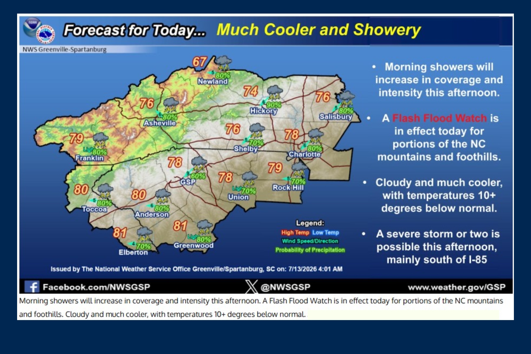 Weather forecast map for western North Carolina showing temperatures, showers, and weather icons; NWS Greenville-Spartanburg issued.