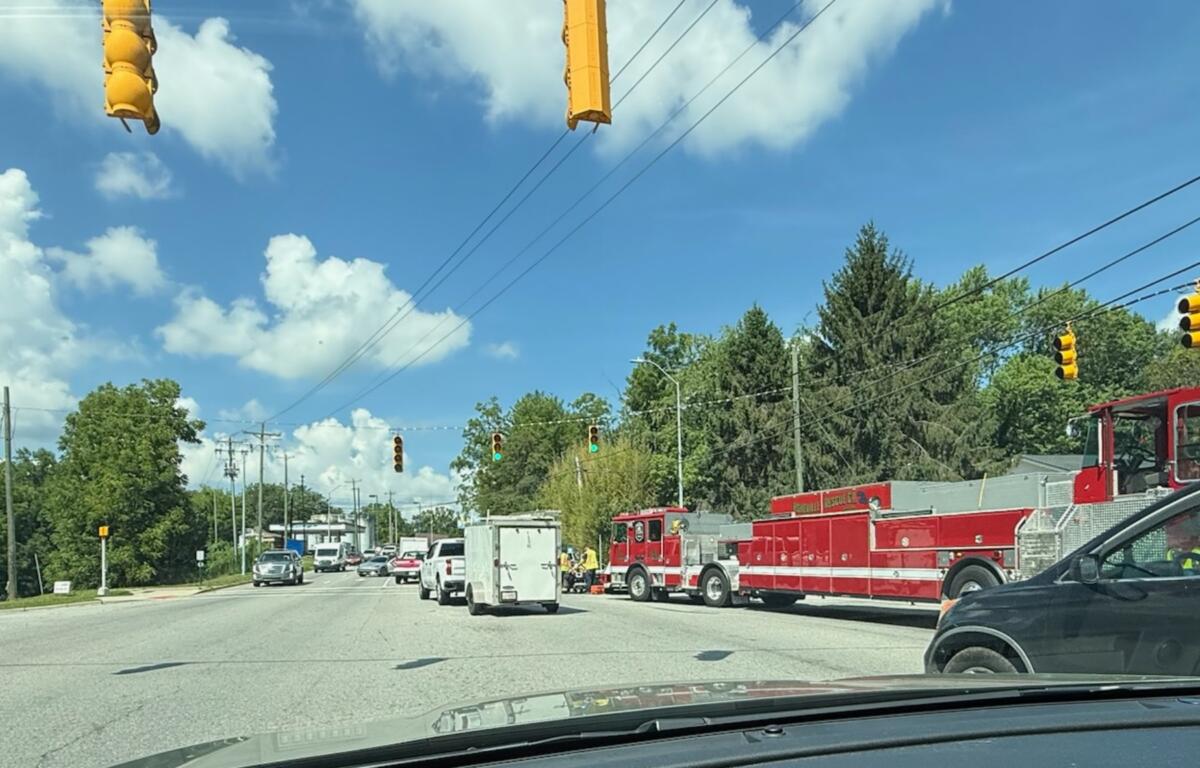 Red fire trucks and emergency vehicles line a city street on a sunny day with green trees and traffic lights overhead