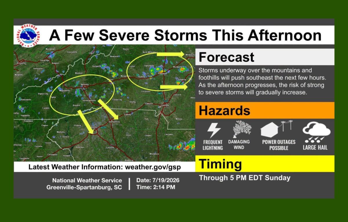 Map of western North Carolina and upstate South Carolina with storm activity and yellow circles highlighting areas of interest for this afternoon’s severe storms.