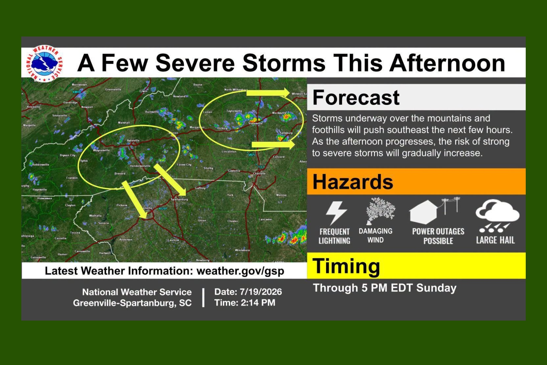 Map of western North Carolina and upstate South Carolina with storm activity and yellow circles highlighting areas of interest for this afternoon’s severe storms.