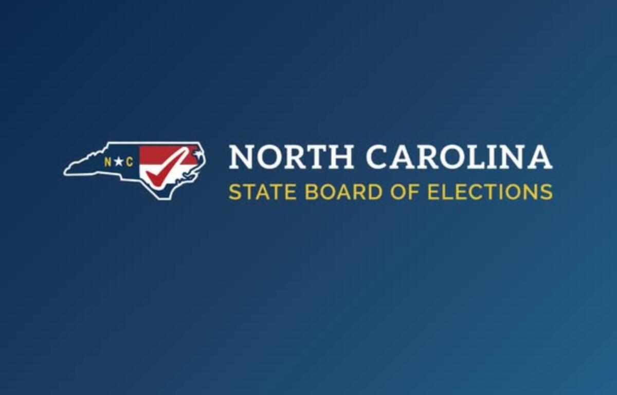 North Carolina State Board of Elections logo on a blue gradient background, showing the outline of North Carolina with a red checkmark and the initials NC, followed by the text 'North Carolina State Board of Elections' in white and gold.