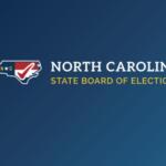 North Carolina State Board of Elections logo on a blue gradient background, showing the outline of North Carolina with a red checkmark and the initials NC, followed by the text 'North Carolina State Board of Elections' in white and gold.