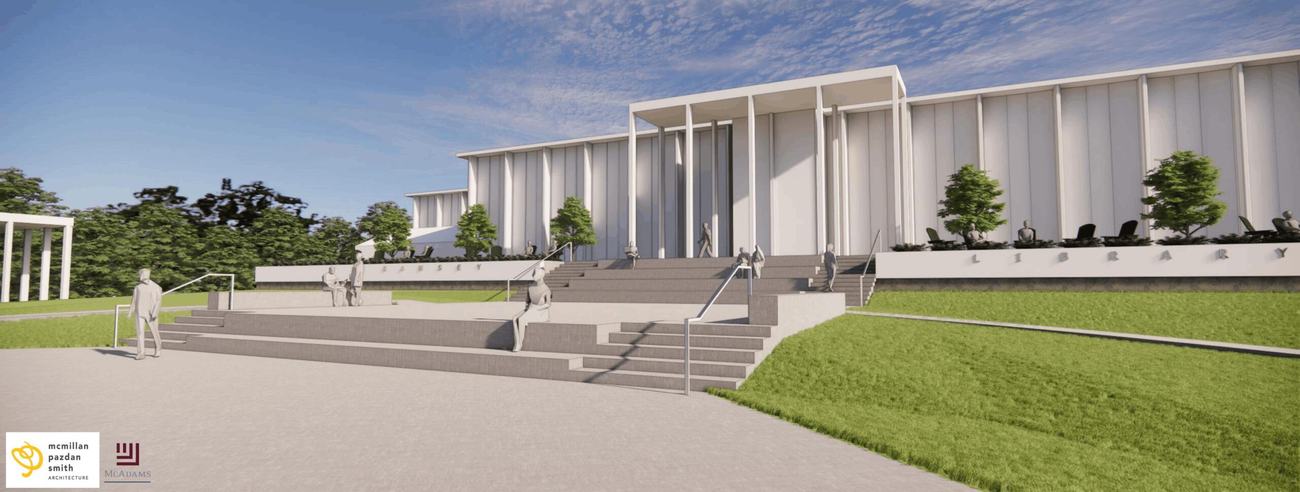 Architectural rendering of a modern library with tall white columns, wide steps, and a landscaped lawn; silhouette figures on stairs and trees along the facade, with library signage visible on the wall.