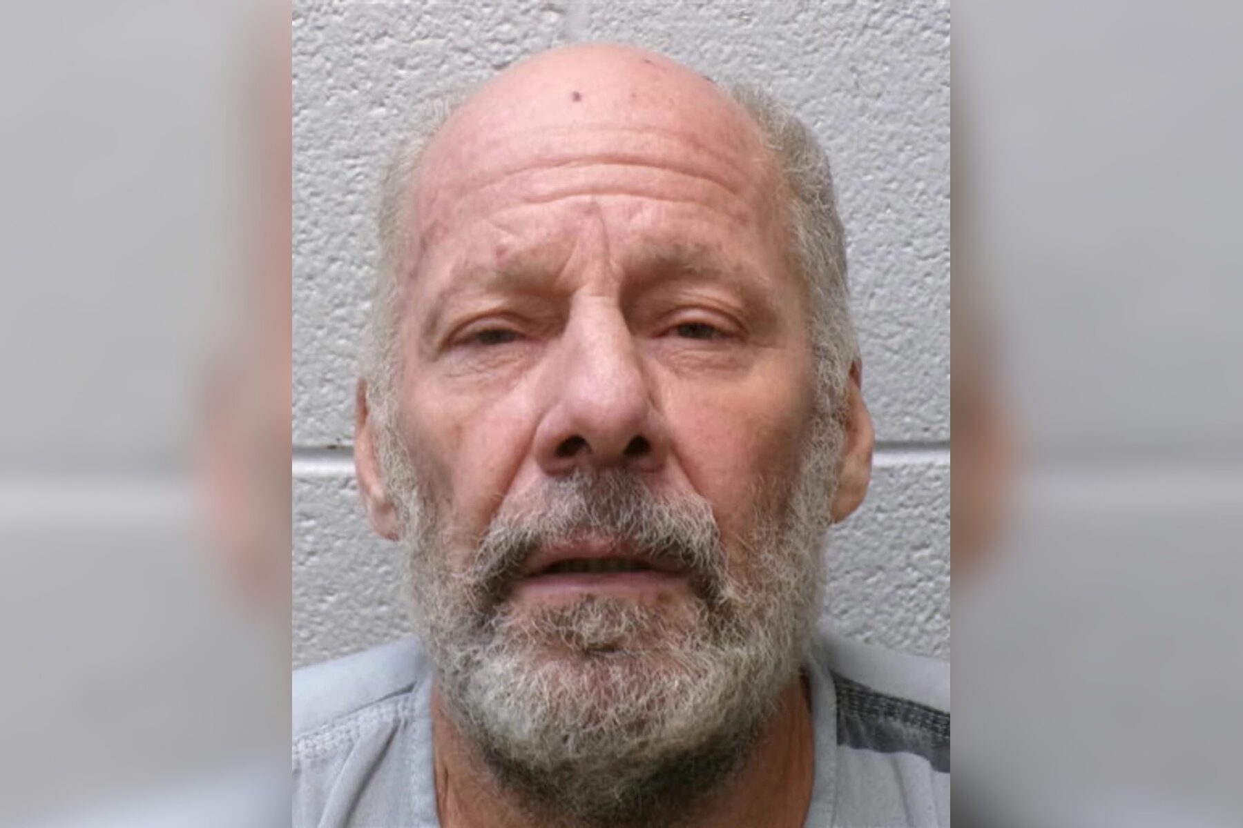 Close-up of an older man with a bald head and gray beard, facing the camera against a gray textured wall.