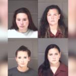 Mugshot collage of four women posed against gray cinderblock walls; two in maroon uniforms (top-right and bottom-right) and two in casual tops (top-left white shirt, bottom-left gray shirt).