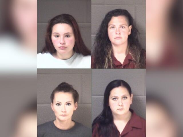 Mugshot collage of four women posed against gray cinderblock walls; two in maroon uniforms (top-right and bottom-right) and two in casual tops (top-left white shirt, bottom-left gray shirt).