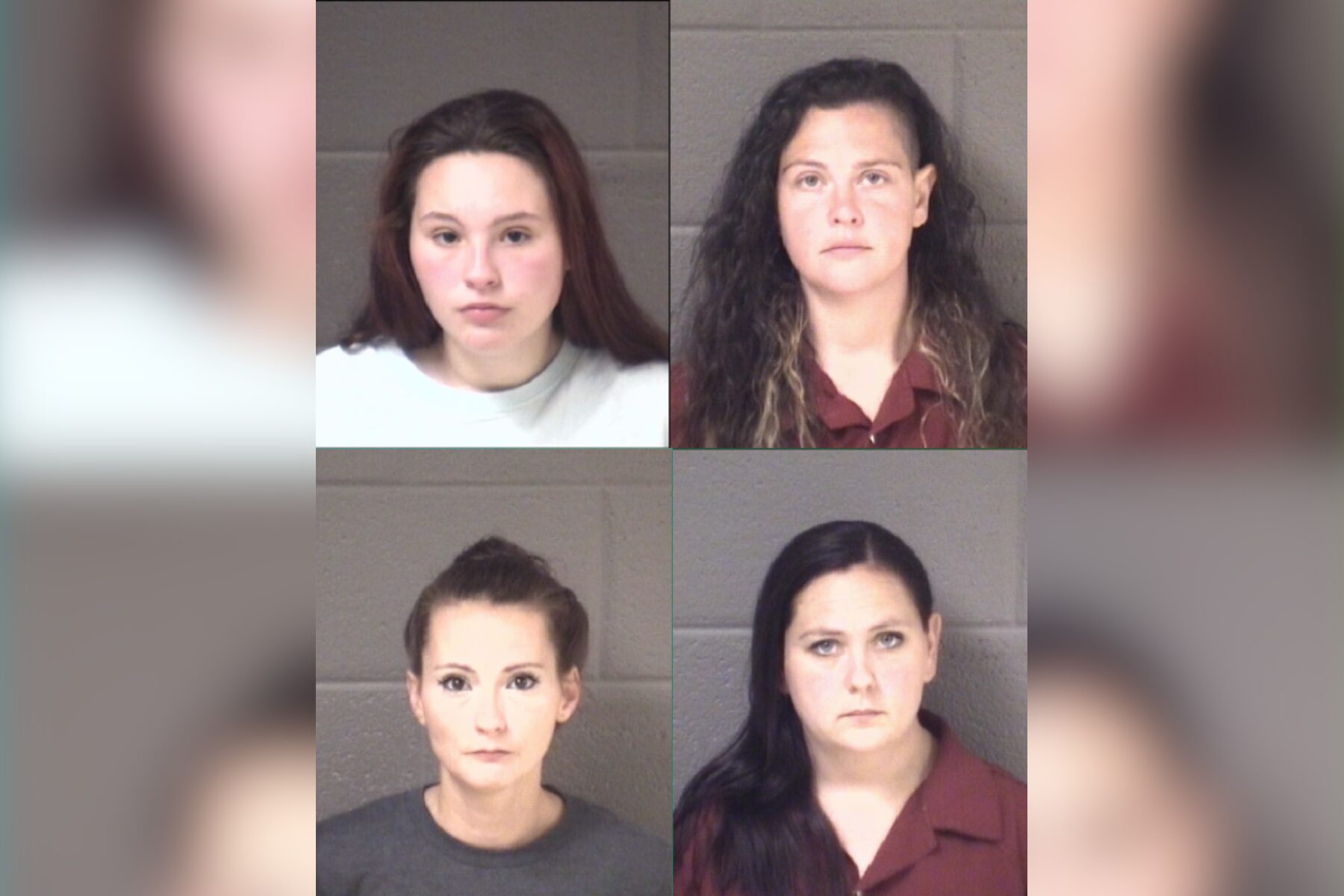 Mugshot collage of four women posed against gray cinderblock walls; two in maroon uniforms (top-right and bottom-right) and two in casual tops (top-left white shirt, bottom-left gray shirt).