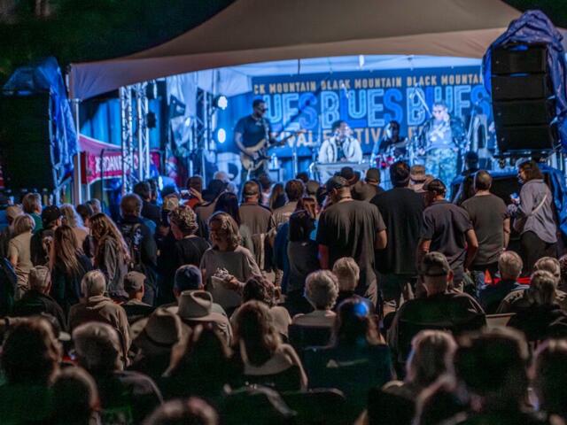 Crowd at an outdoor night concert watching a live band on a blue-lit stage under a canopy.