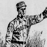 Black-and-white drawing of a baseball player in a Boston uniform pointing forward with his right arm extended.