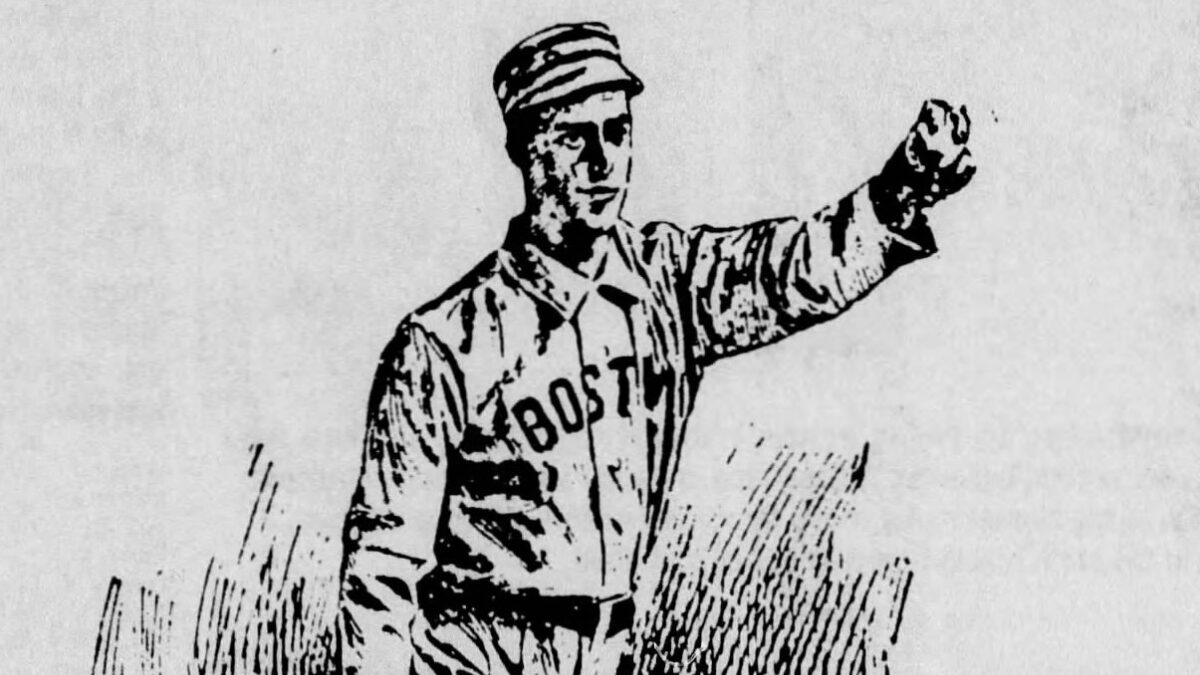 Black-and-white drawing of a baseball player in a Boston uniform pointing forward with his right arm extended.