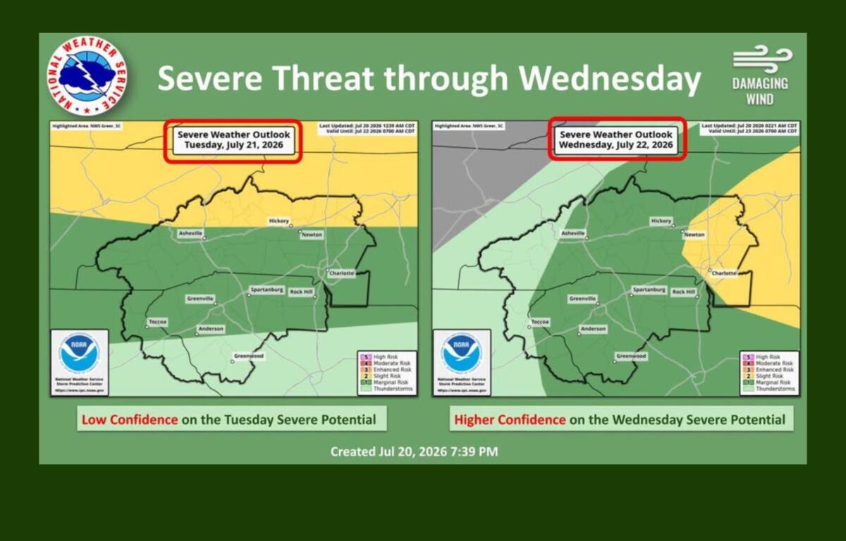 Side-by-side weather outlook maps showing severe weather potential for Tuesday (July 21, 2026) and Wednesday (July 22, 2026).
