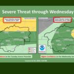 Side-by-side weather outlook maps showing severe weather potential for Tuesday (July 21, 2026) and Wednesday (July 22, 2026).