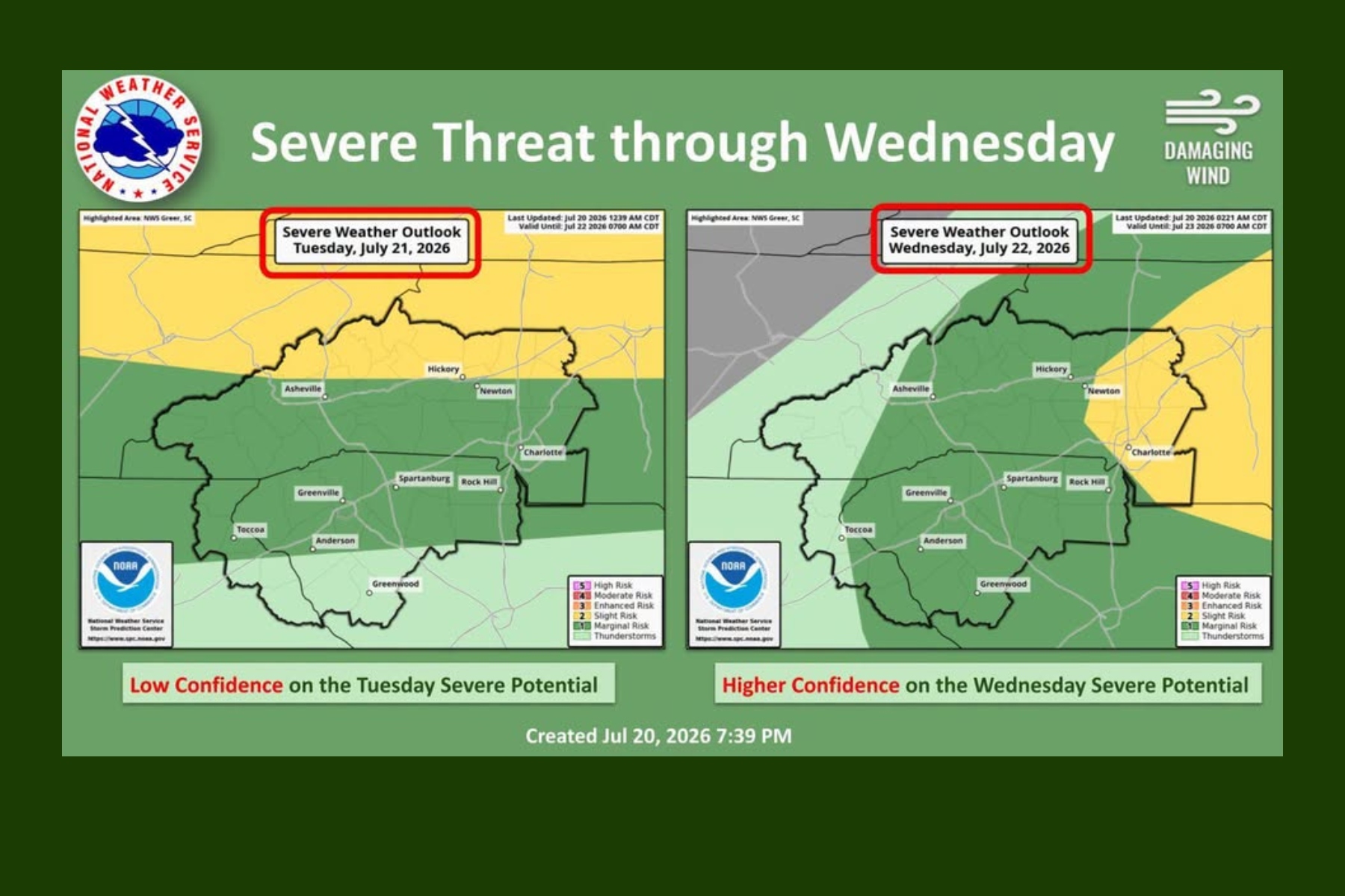 Side-by-side weather outlook maps showing severe weather potential for Tuesday (July 21, 2026) and Wednesday (July 22, 2026).