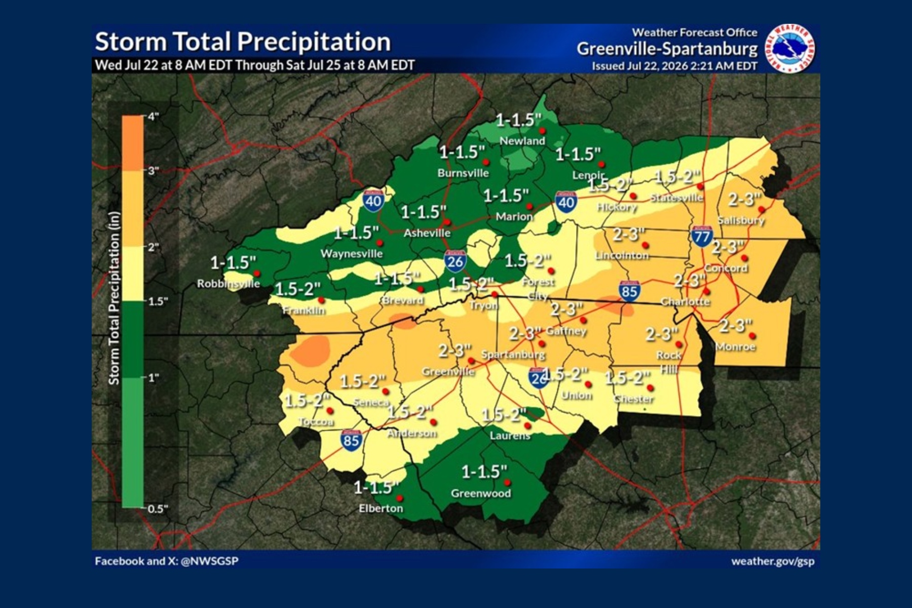 Map showing Storm Total Precipitation forecast for the Greenville-Spartanburg area (Jul 22–25), with green to yellow to orange regions indicating increasing rainfall (roughly 0.5–3+ inches) and city labels along major highways like I-40 and I-85.