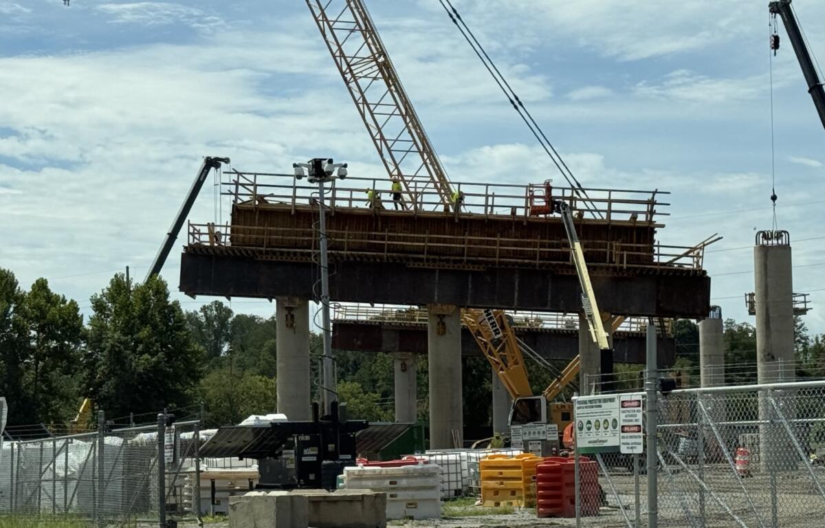 Construction crews work on a section of the I-26 Connector project along Riverside Drive in Asheville. Crews are building bridge structures as work continues on the major highway project.