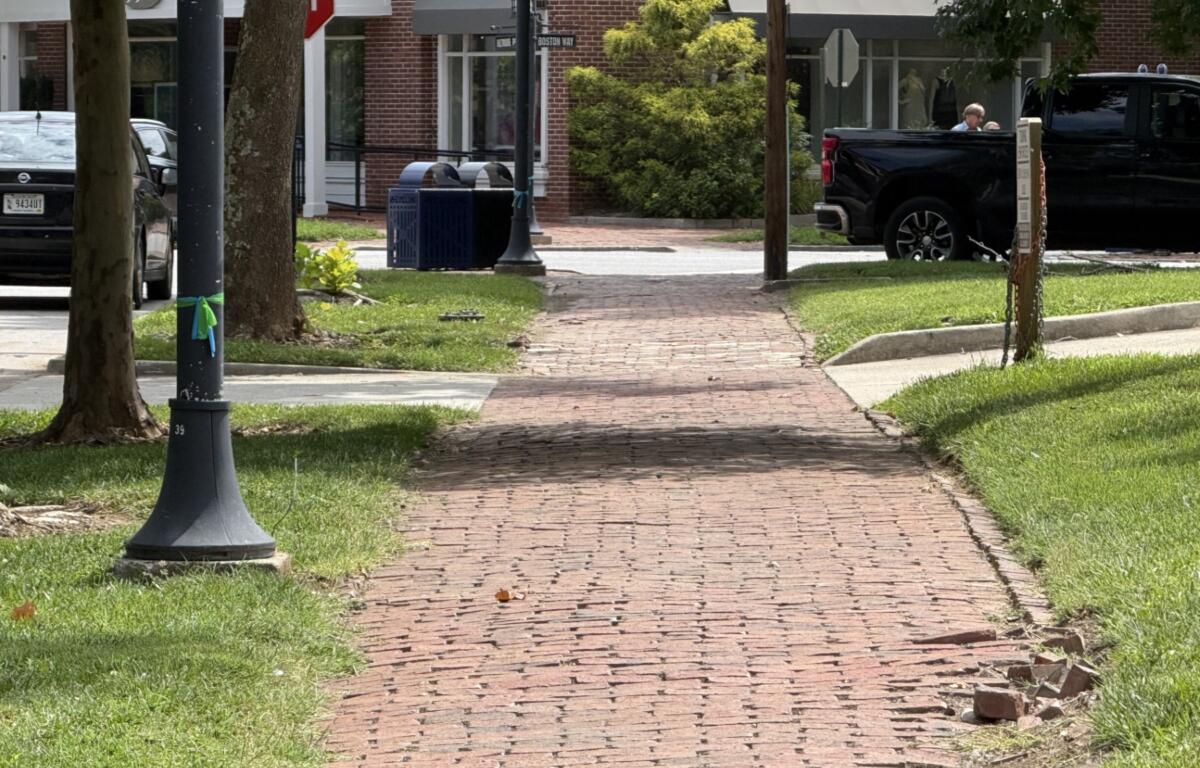 A brick sidewalk along Kitchin Place near Boston Way in Biltmore Village shows signs of wear following Tropical Storm Helene. Asheville is planning repairs to sidewalks, curbs, trees and other infrastructure in the historic district.
