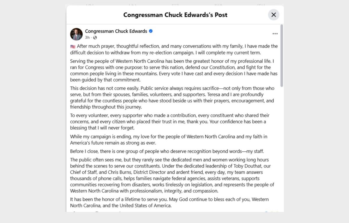 A screenshot of Rep. Chuck Edwards' Facebook post.
