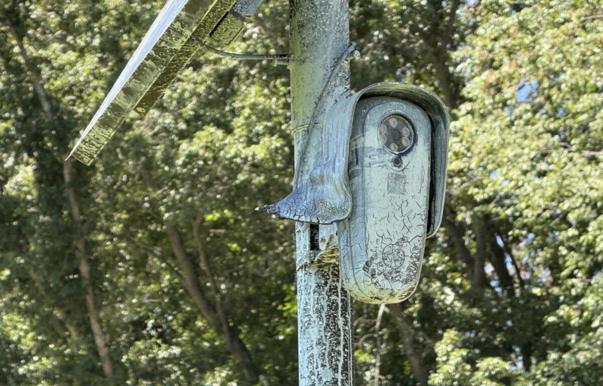 A Flock Safety automated license plate reader camera is pictured Aug. 24, 2026, at Carrier Park on Amboy Road in Asheville. Asheville City Council is scheduled to vote Tuesday on a resolution to terminate the city’s contract with Flock Safety.