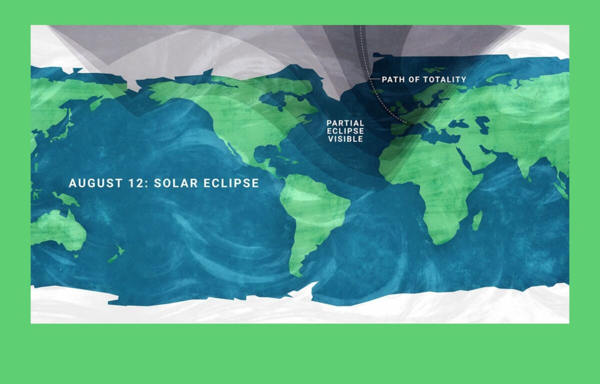 A map showing viewing areas of the August 2026 total solar eclipse.