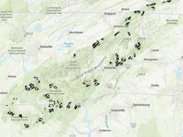 A map shows inventoried roadless areas in and around the Asheville area, including portions of the Pisgah and Nantahala national forests. The areas are among those covered by the federal Roadless Area Conservation Rule, which the U.S. Forest Service has proposed rescinding.