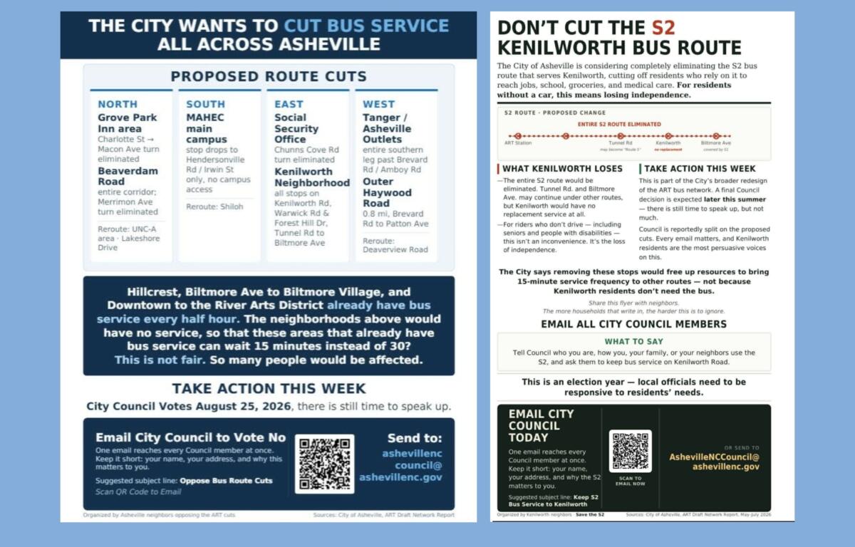 Niki Foster and Jonathan Cook have been distributing flyers in the Kenilworth neighborhood to raise awareness about proposed Asheville bus service changes that would remove S2 service along part of Kenilworth Road.